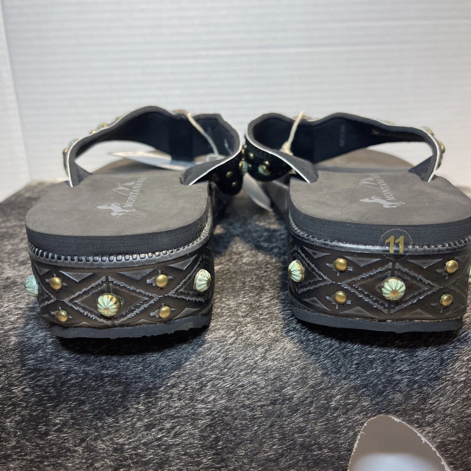 Montana West Black Embossed w/Studs Western Style Wedge Sandals Sz11-11.5