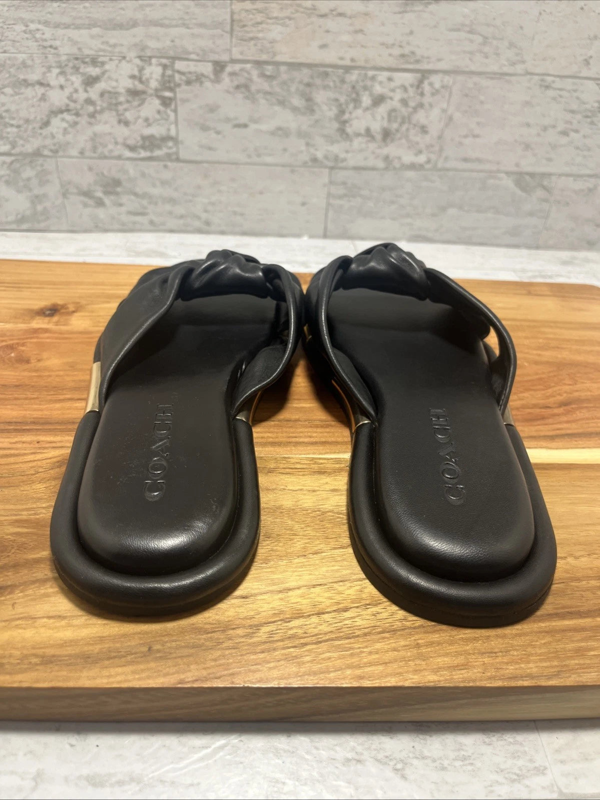 COACH Brooklyn Black Leather Knot Bow Flat Slides Sandals Sz 6 B - New