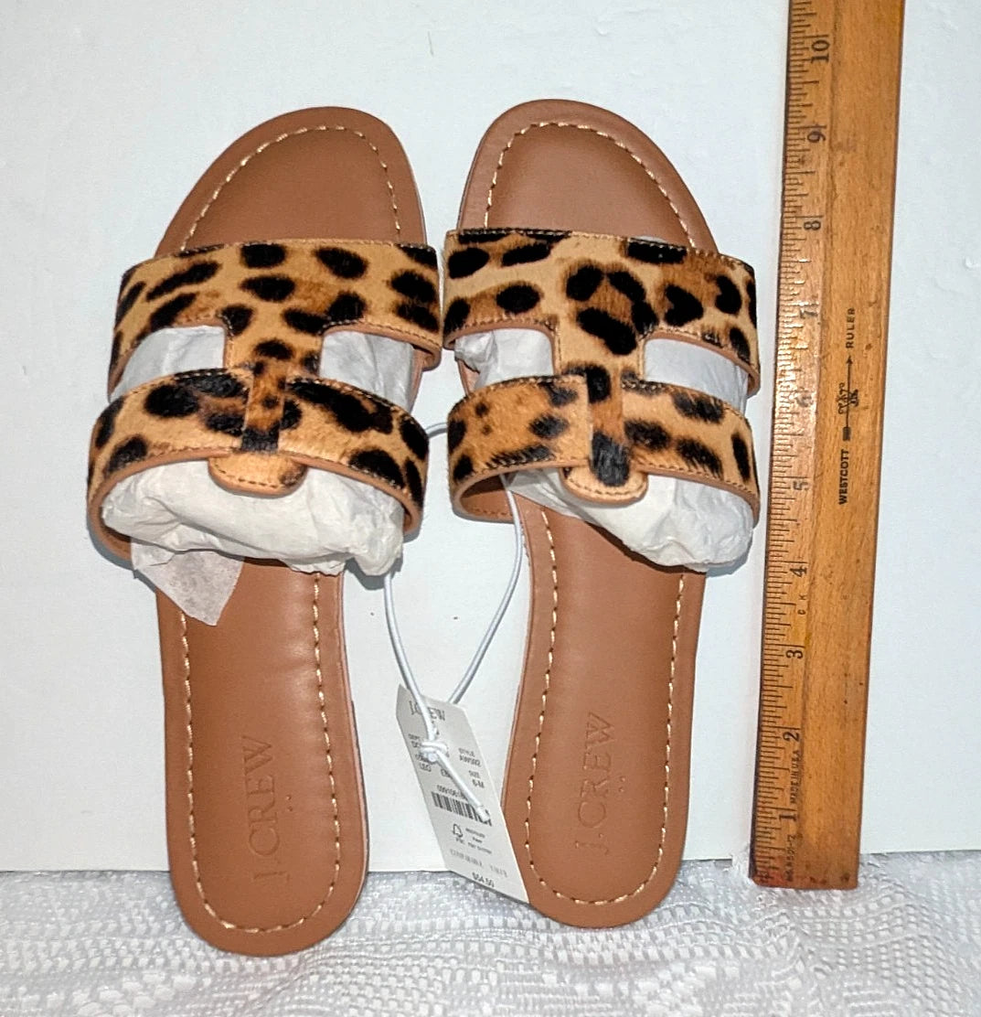 J.Crew Womens Brown Tan Leopard Print Calf-Hair Beachside Slide Sandals Size 6M