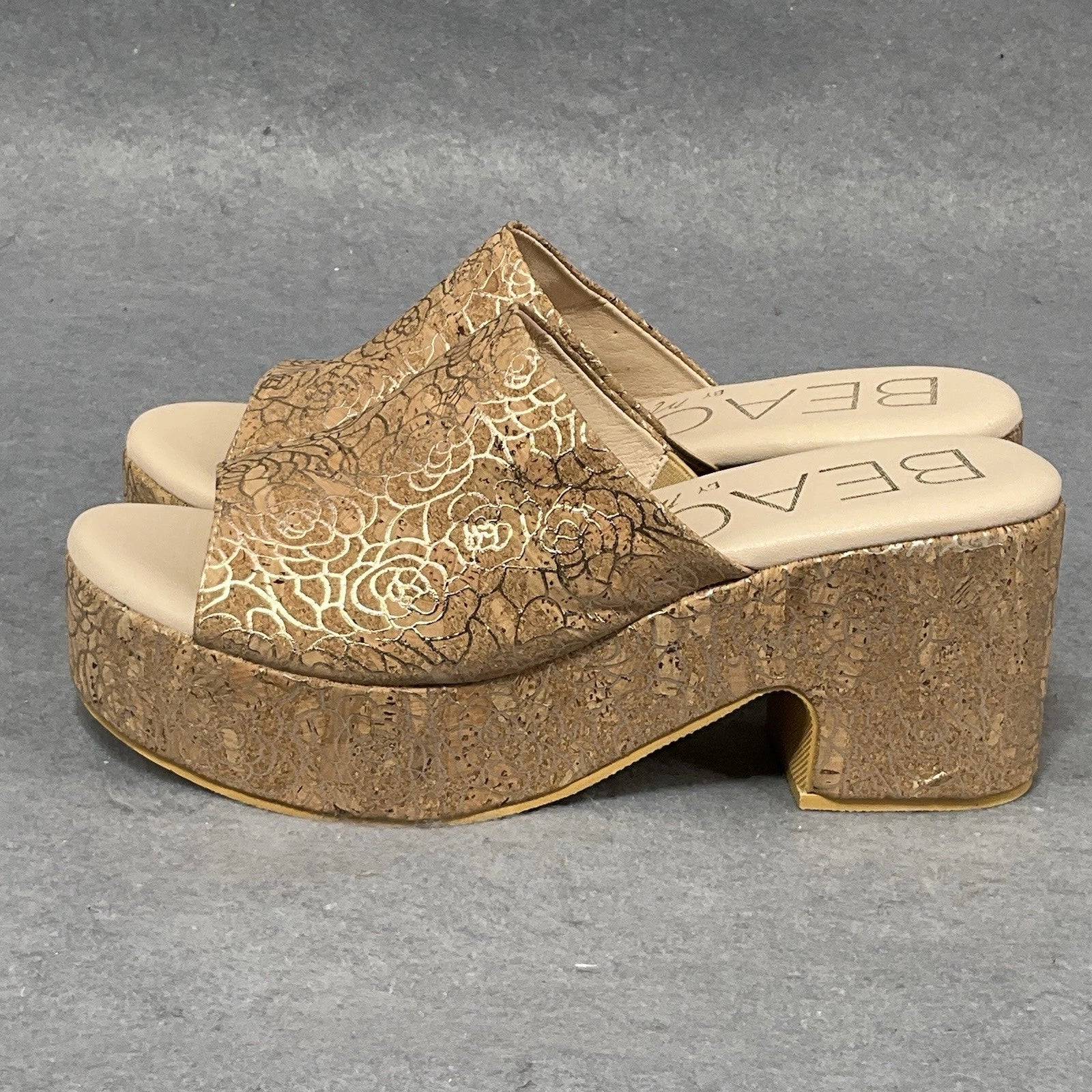 Beach By Matisse Wedge Sandal Platform Slide Size 9 Gold Floral Cork Open Toe