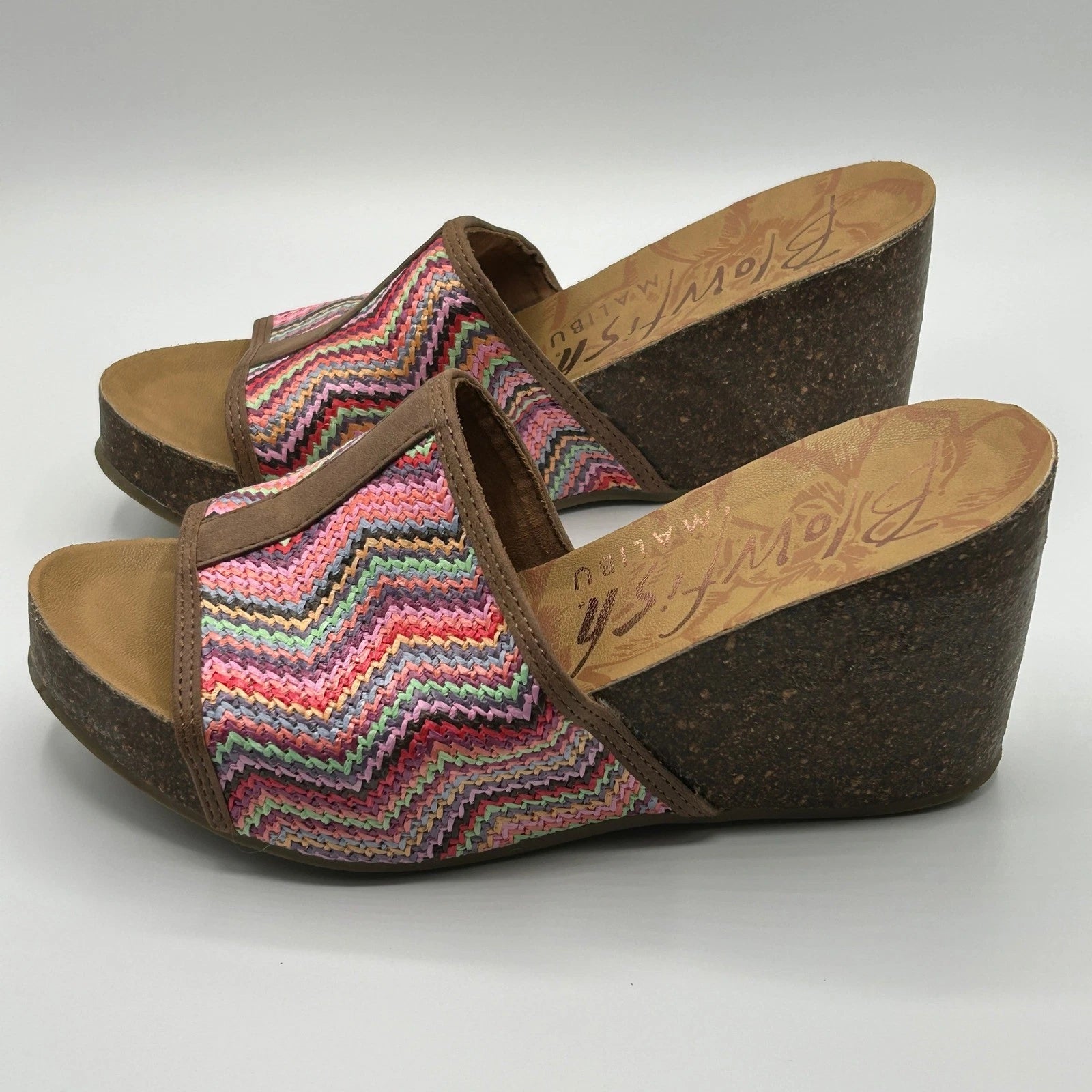 Blowfish Malibu Platform Wedge Slide Sandals Multi Color Chevron Womens 8.5 Boho