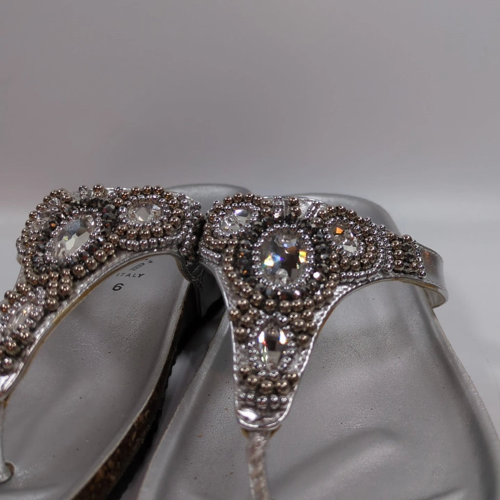 Italian Shoemakers Silver Sandals Slide Flip Flop with Rhinestones Sz 6 Bling