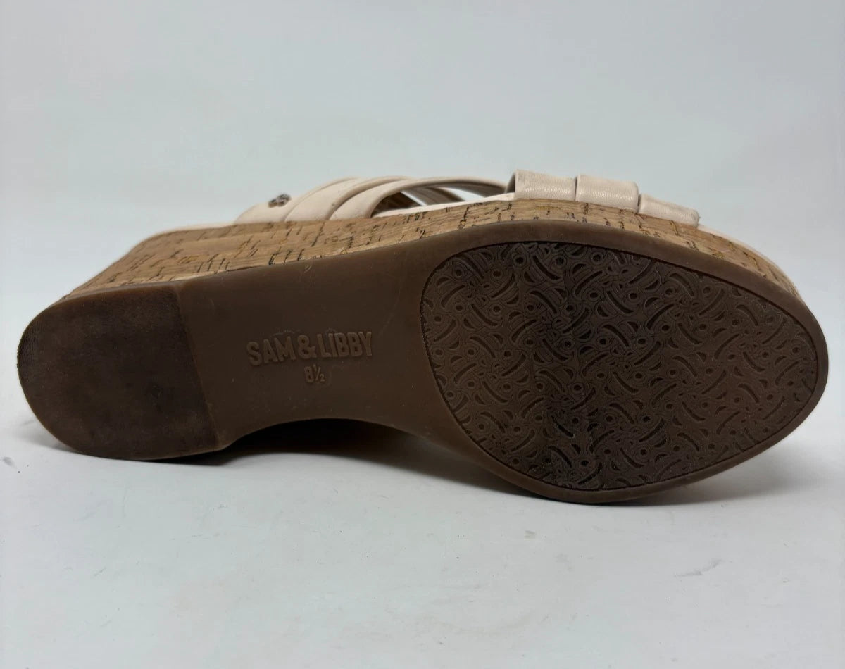 Sam & Libby Womens Cayla Ivory Faux Leather Cork Wedge Slide Size 8.5 Sandals