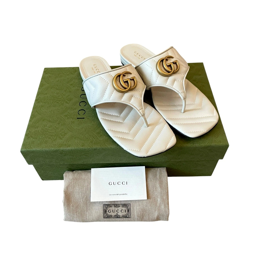 Gucci GG Marmont Matelasse Leather Flip Flop Sandals Cream White Sz 37.5 US 7.5