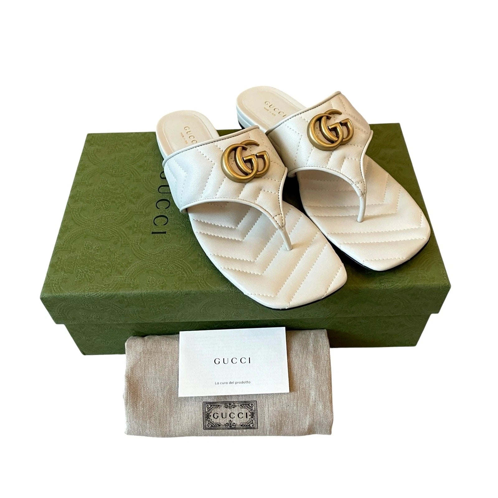 Gucci GG Marmont Matelasse Leather Flip Flop Sandals Cream White Sz 37.5 US 7.5