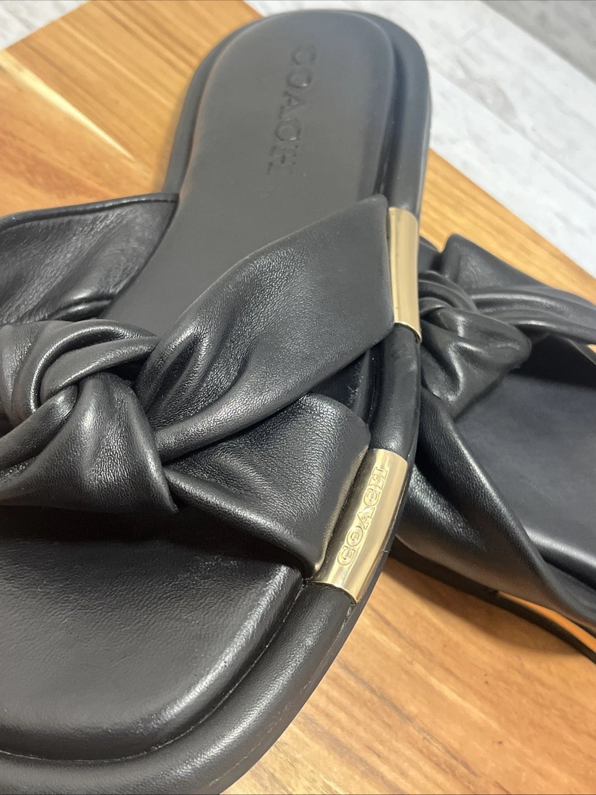 COACH Brooklyn Black Leather Knot Bow Flat Slides Sandals Sz 6 B - New
