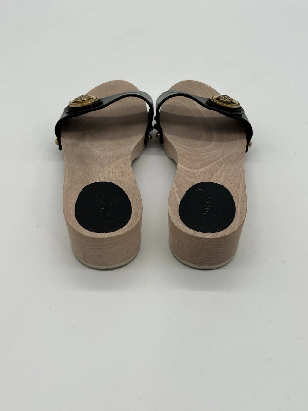 Gucci Hysteria Women Sz 8B Black Patent Leather Slide Wood Soles Fashion Sandals