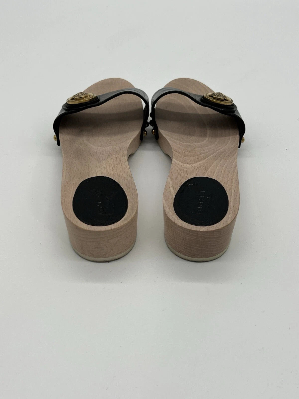 Gucci Hysteria Women Sz 8B Black Patent Leather Slide Wood Soles Fashion Sandals