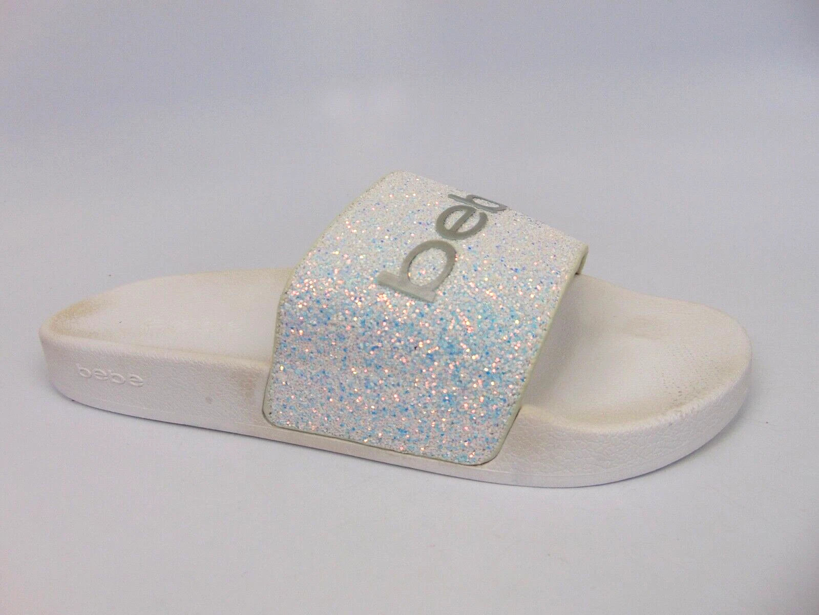 Bebe Women's Fraida Glitter Slide Fashion Sandals Flats Size 8.0 M, White Glitte