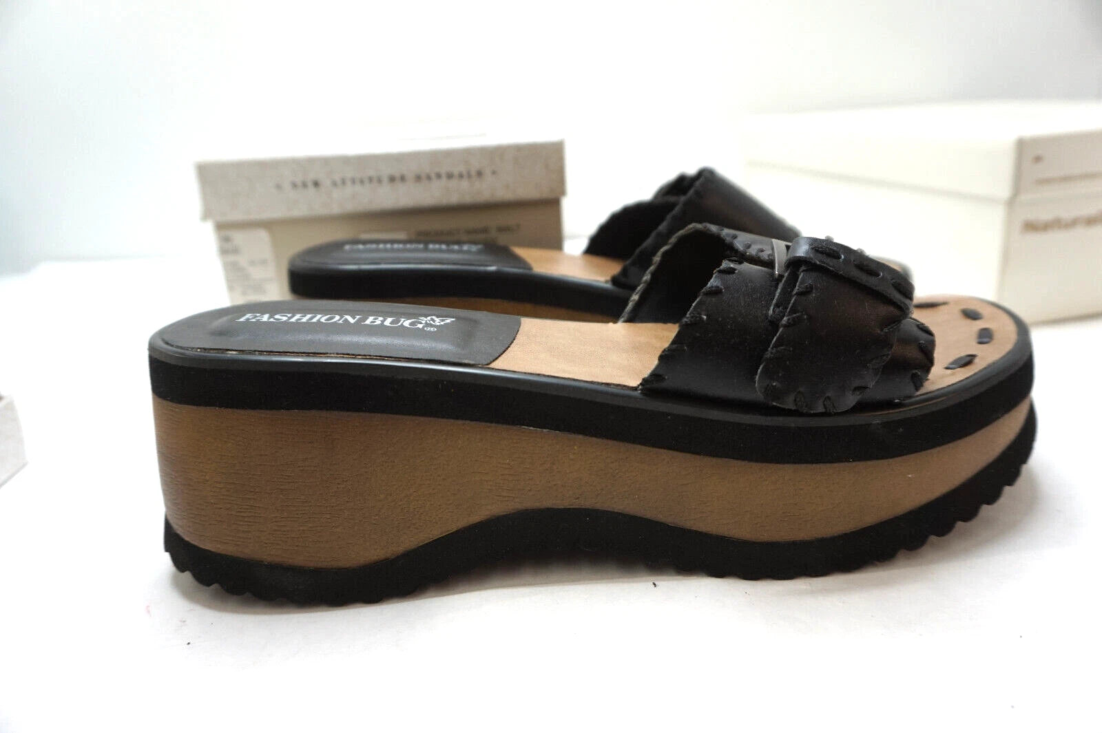 VINTAGE PLATFORM SANDALS FASHION BUG NEW ATTITUDE BLACK WOMENS 9 SHOES NEW BOX