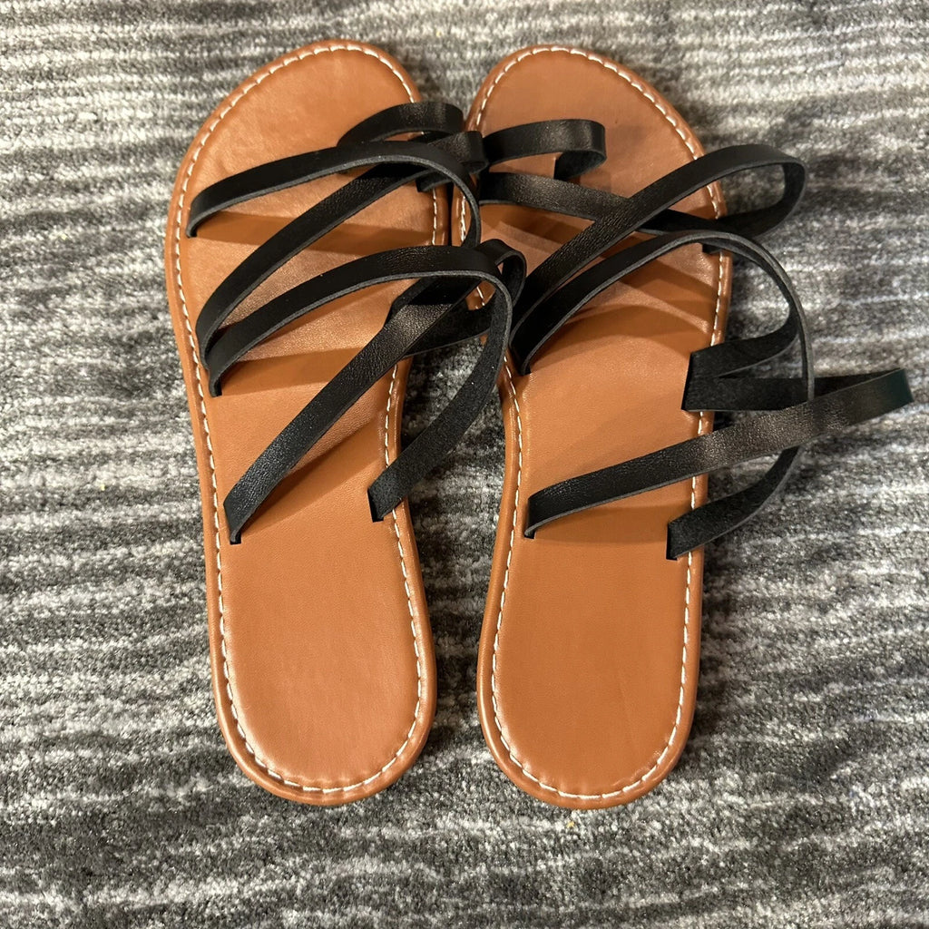 Greek Style Sandals Slides Sz 8 Flats Handmade Faux Leather Black Boho New
