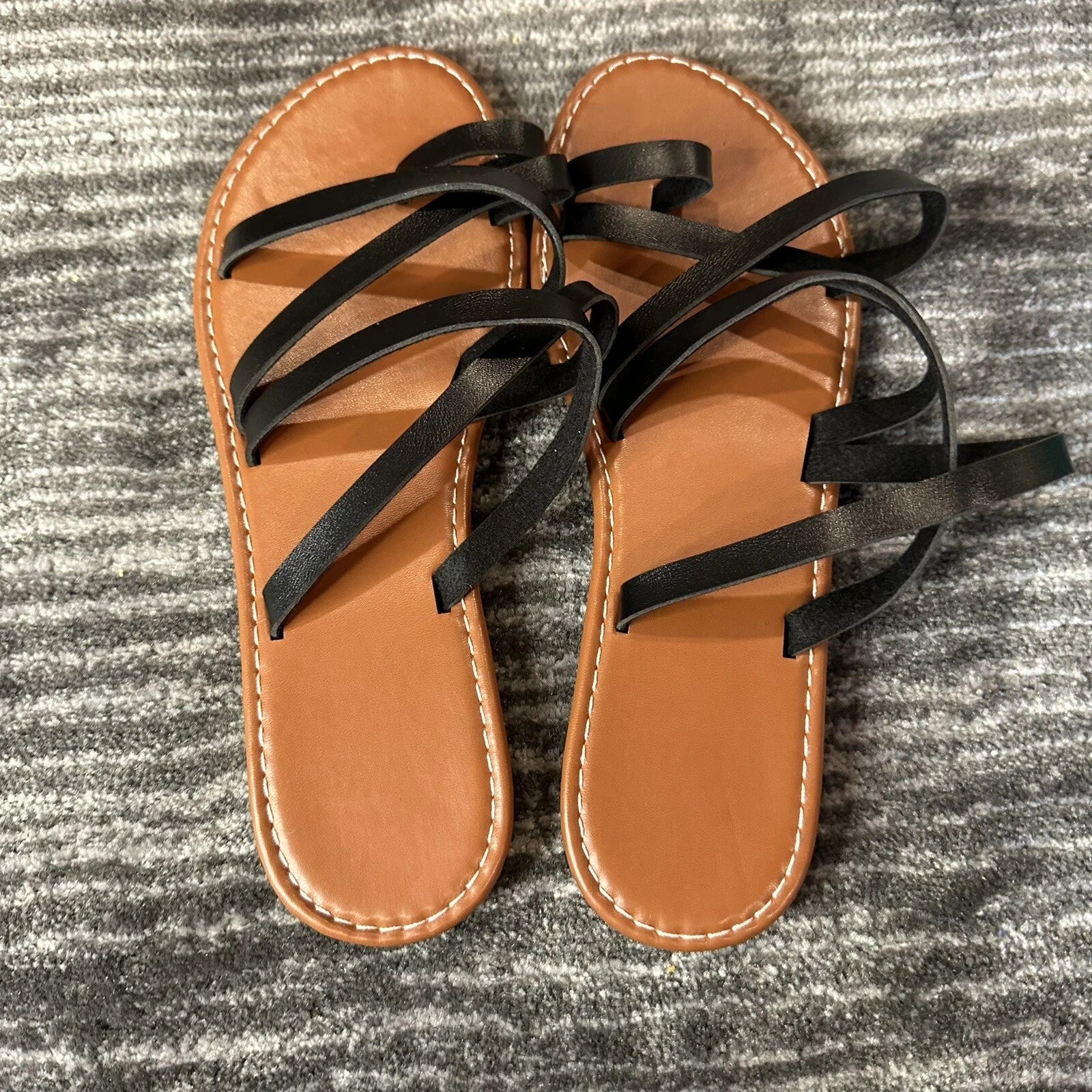 Greek Style Sandals Slides Sz 8 Flats Handmade Faux Leather Black Boho New