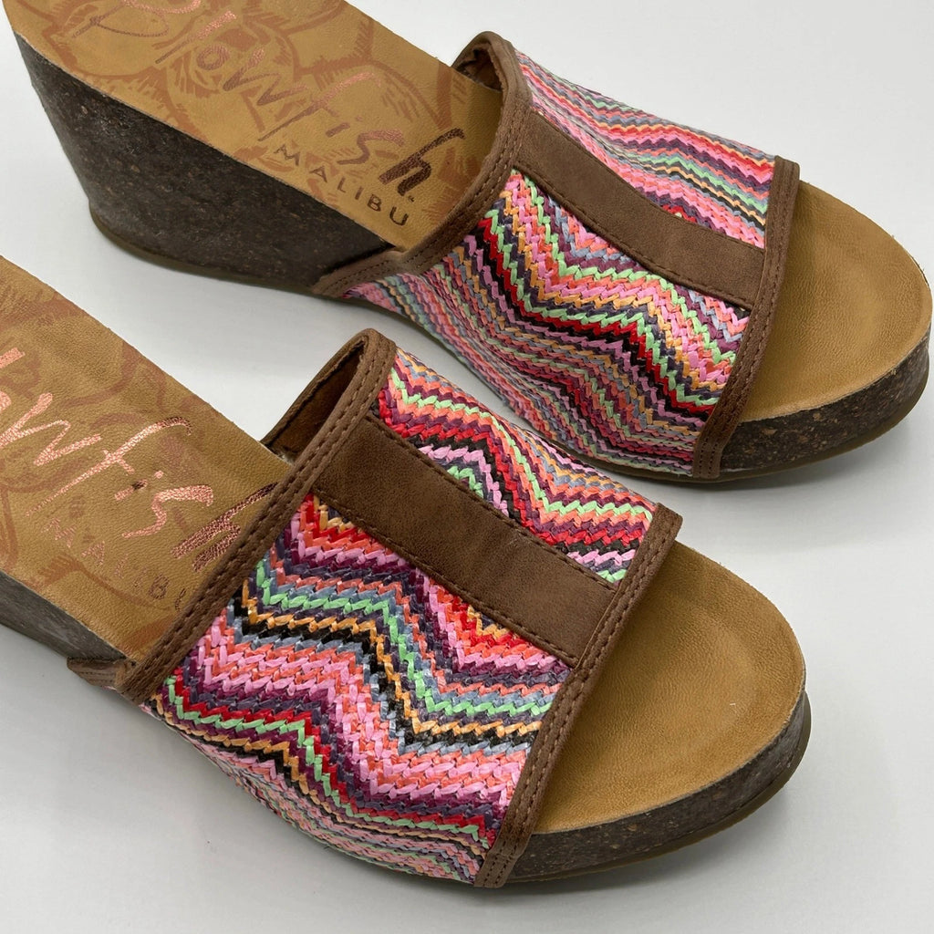 Blowfish Malibu Platform Wedge Slide Sandals Multi Color Chevron Womens 8.5 Boho