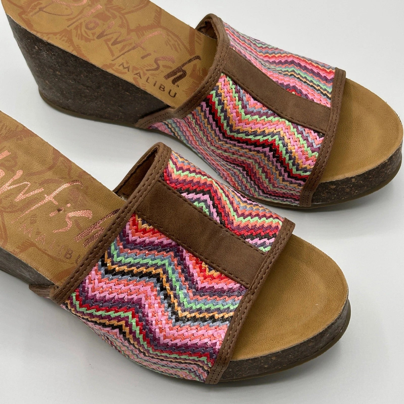 Blowfish Malibu Platform Wedge Slide Sandals Multi Color Chevron Womens 8.5 Boho