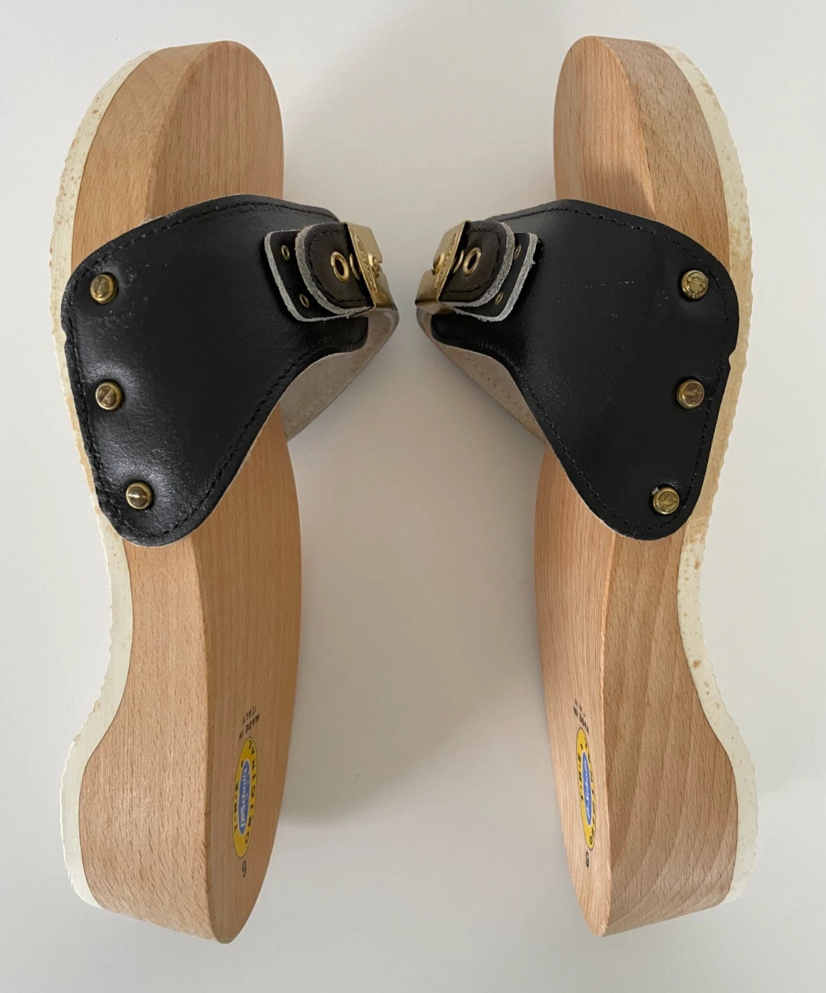 Dr. Scholl's The Original Wooden Sandals Slides Black Leather Size 6 Italy New