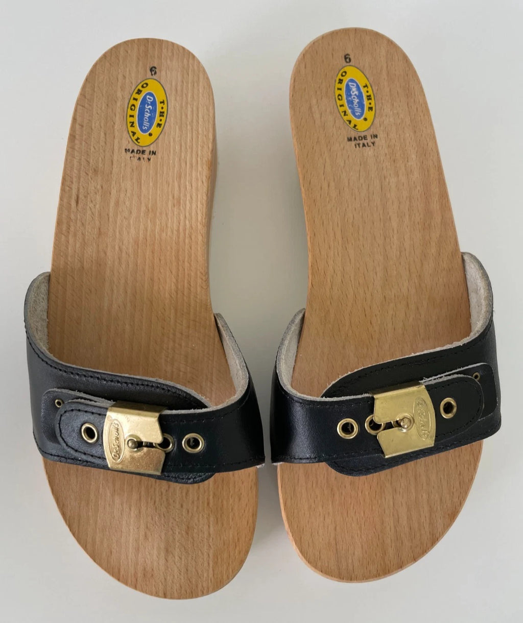 Dr. Scholl's The Original Wooden Sandals Slides Black Leather Size 6 Italy New