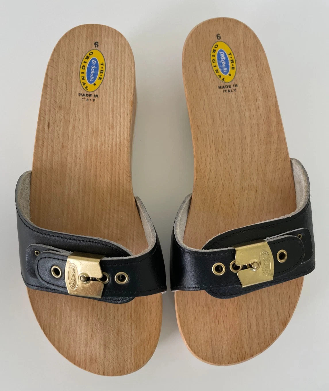 Dr. Scholl's The Original Wooden Sandals Slides Black Leather Size 6 Italy New