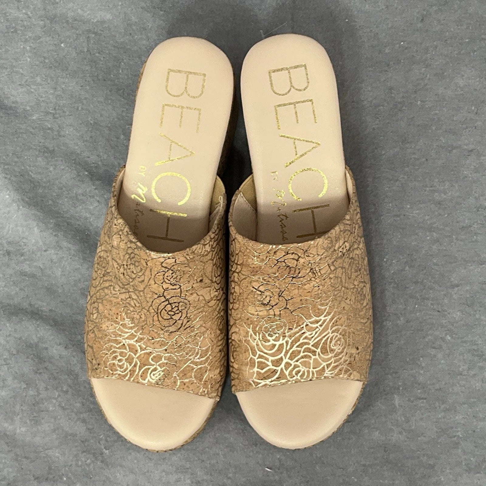 Beach By Matisse Wedge Sandal Platform Slide Size 9 Gold Floral Cork Open Toe