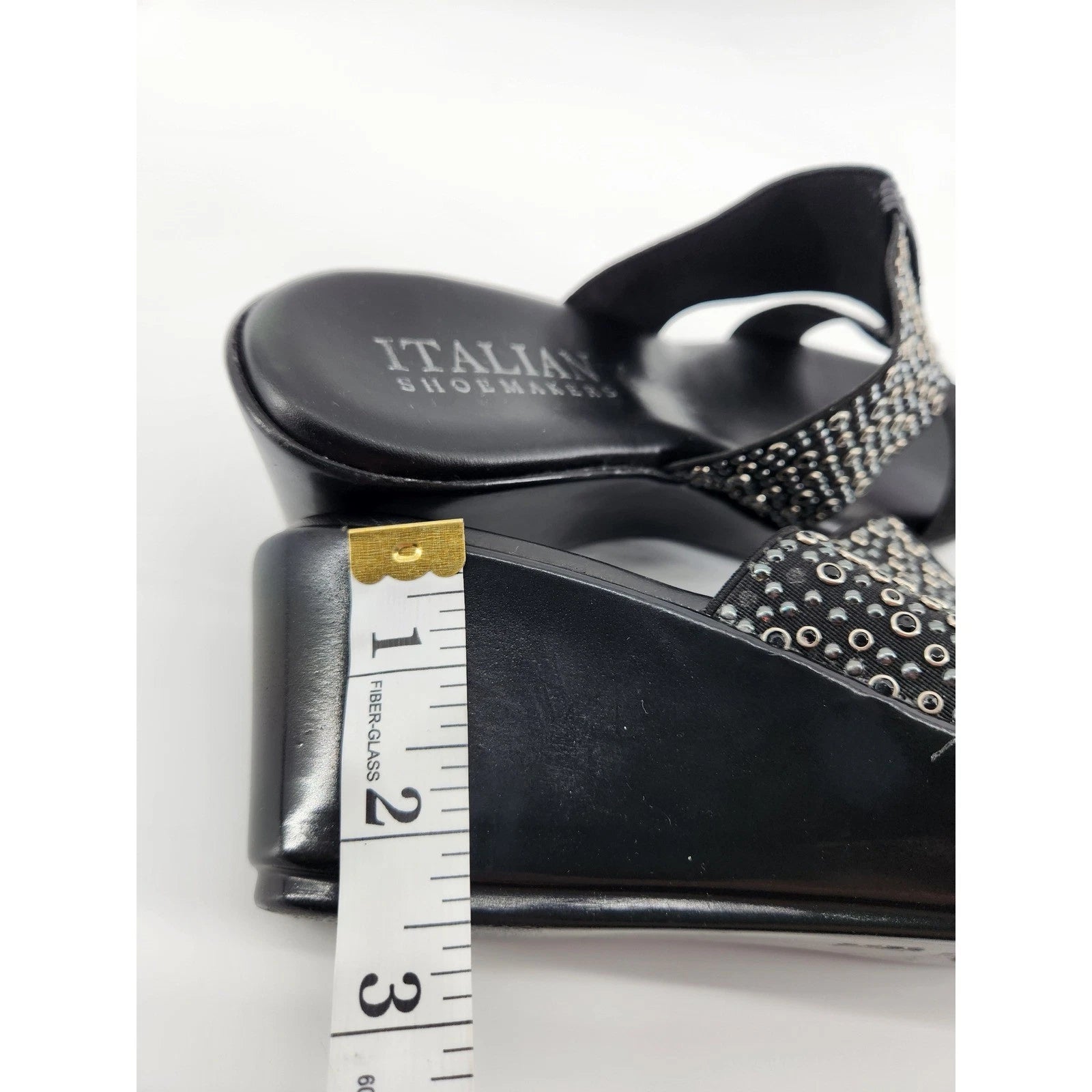 Italian Shoemakers Black Wedge Sandals Embellished Slide On Womens 8.5