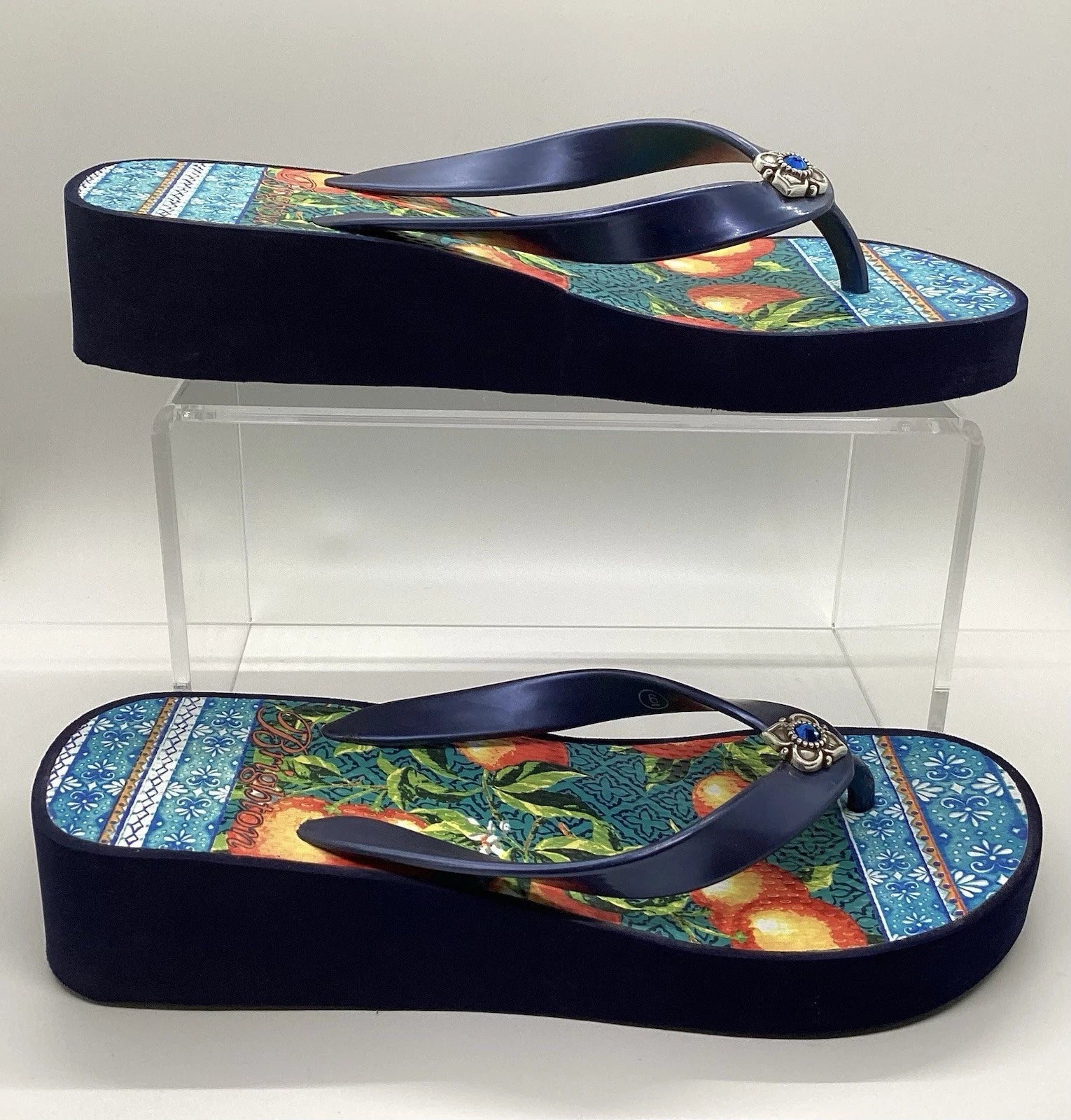Brighton Orange Blossom Navy Wedge Flip Flops Sz 6 Silver Gem Mediterranean