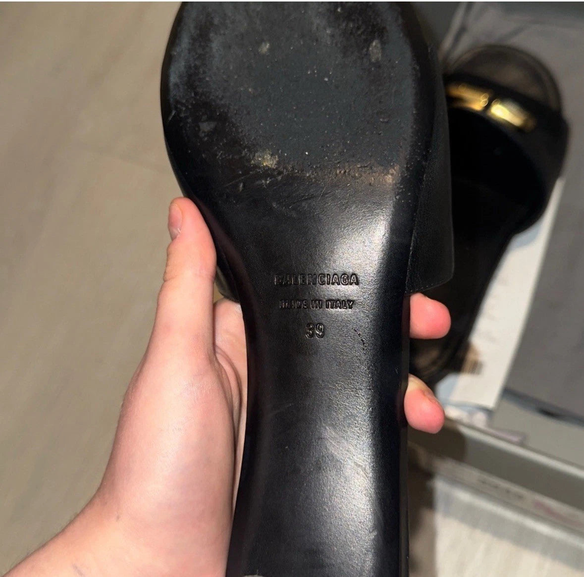 BALENCIAGA Groupie BB Logo Slide Sandal - Black/ Gold Sz 8 $875