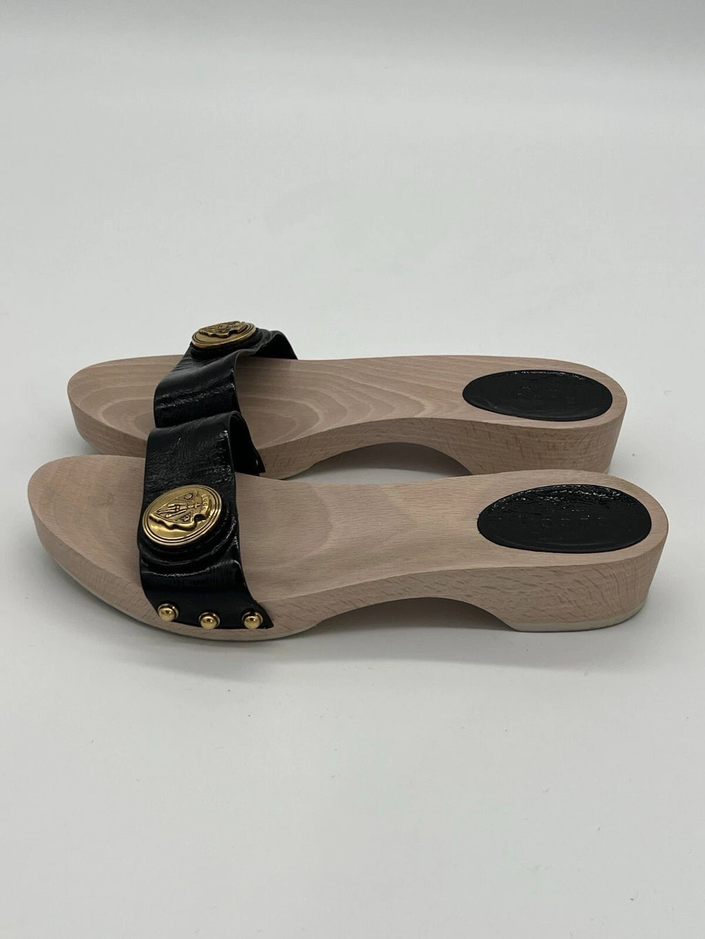 Gucci Hysteria Women Sz 8B Black Patent Leather Slide Wood Soles Fashion Sandals