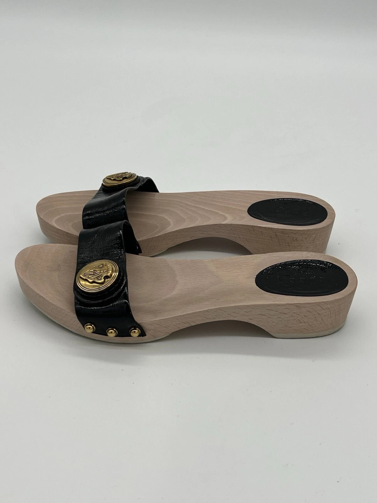 Gucci Hysteria Women Sz 8B Black Patent Leather Slide Wood Soles Fashion Sandals