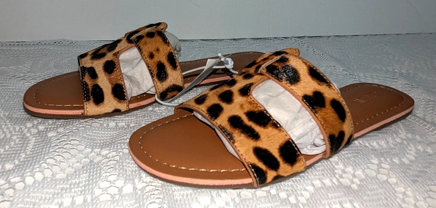 J.Crew Womens Brown Tan Leopard Print Calf-Hair Beachside Slide Sandals Size 6M