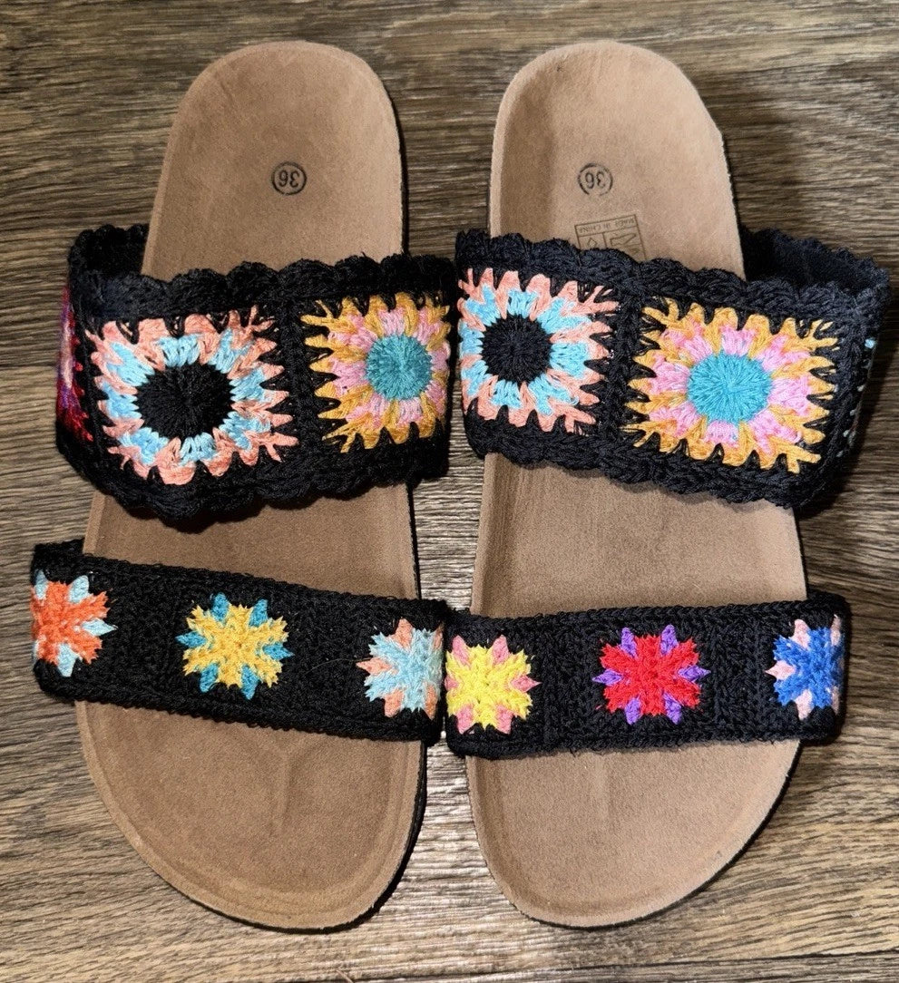 Granny Square Crochet Slip On Sandals Black Boho Comfort 70’s EU 36 US 5.5 6