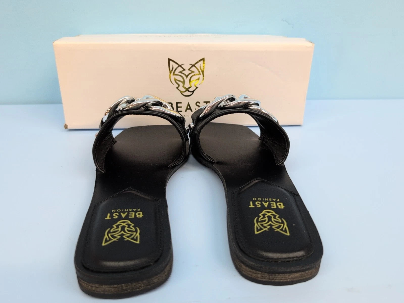 Beast Fashion LANA-01 Nude Chain Women's Flat Slide Sandals Size US 6.5 Black