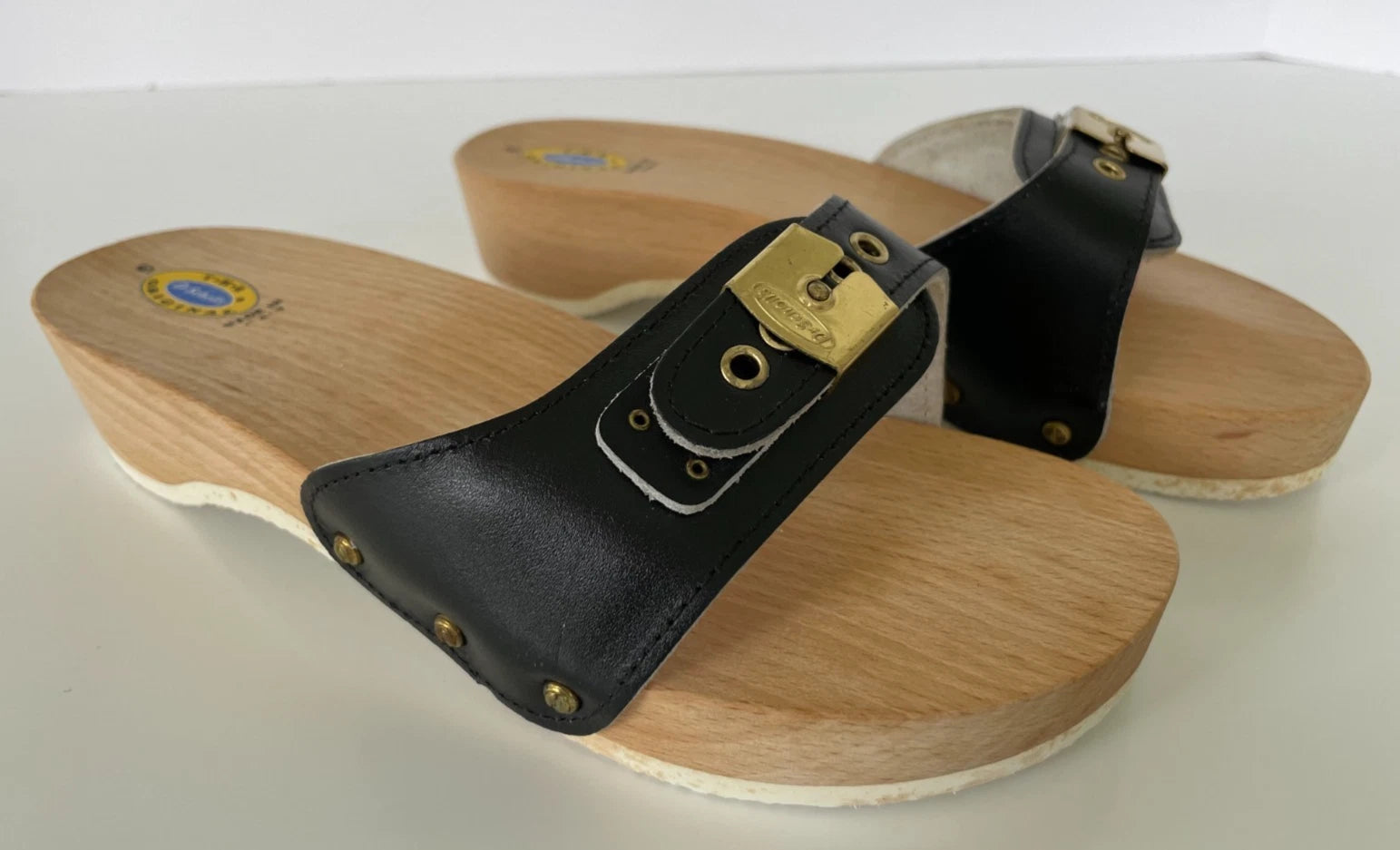 Dr. Scholl's The Original Wooden Sandals Slides Black Leather Size 6 Italy New