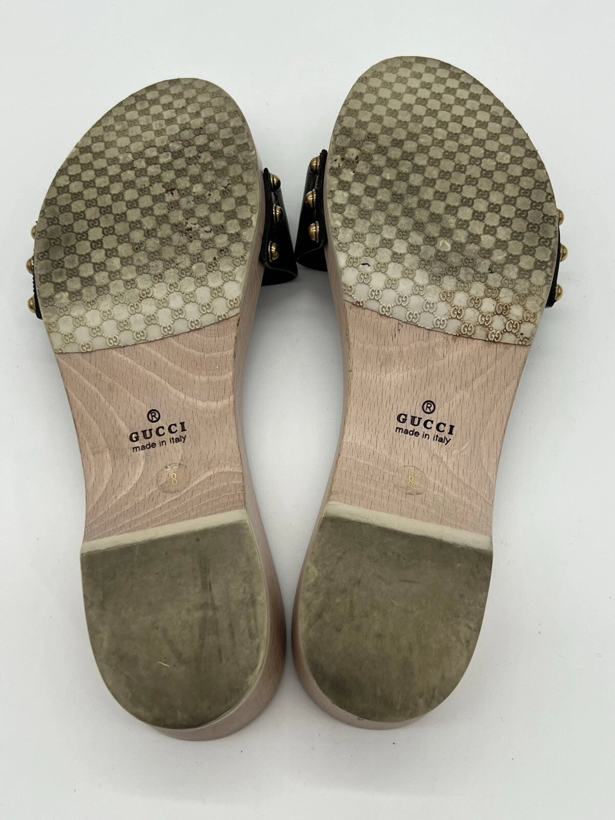 Gucci Hysteria Women Sz 8B Black Patent Leather Slide Wood Soles Fashion Sandals