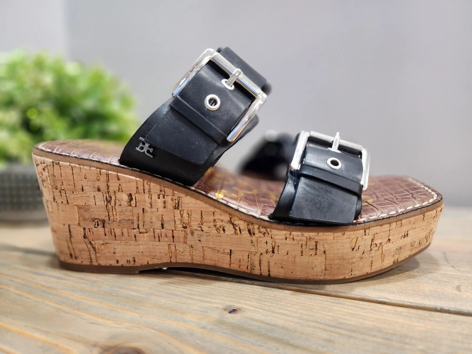 Sam Edelman Anna Sandals Size 7M Cork Platform Wedge Black Double Strap Buckle