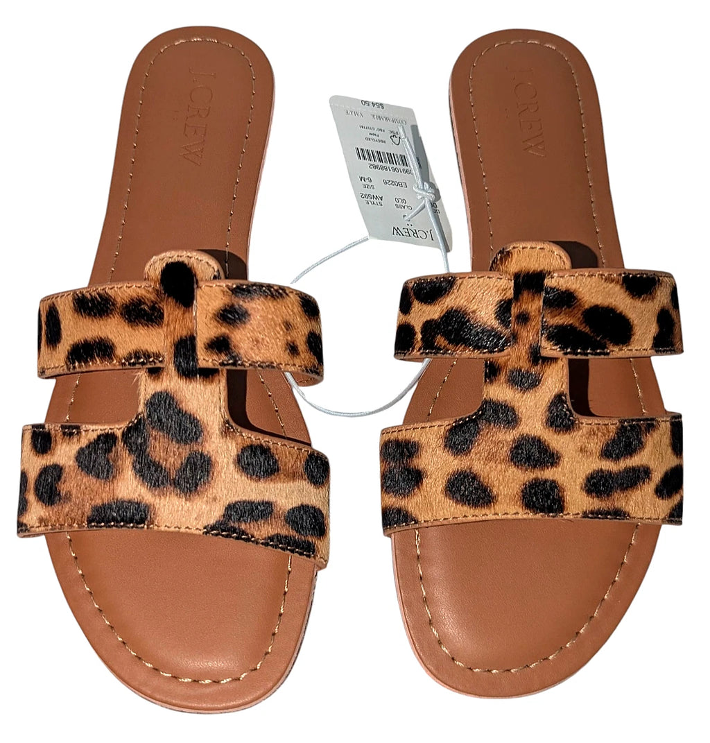 J.Crew Womens Brown Tan Leopard Print Calf-Hair Beachside Slide Sandals Size 6M