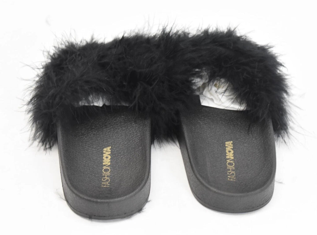 Fashion Nova Moira Black Feather Boa Slides Sandals Slippers Open Toe Size 8
