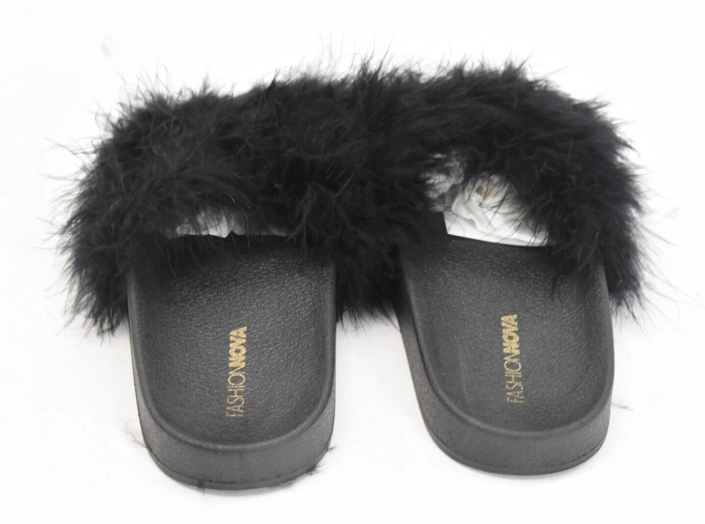 Fashion Nova Moira Black Feather Boa Slides Sandals Slippers Open Toe Size 8