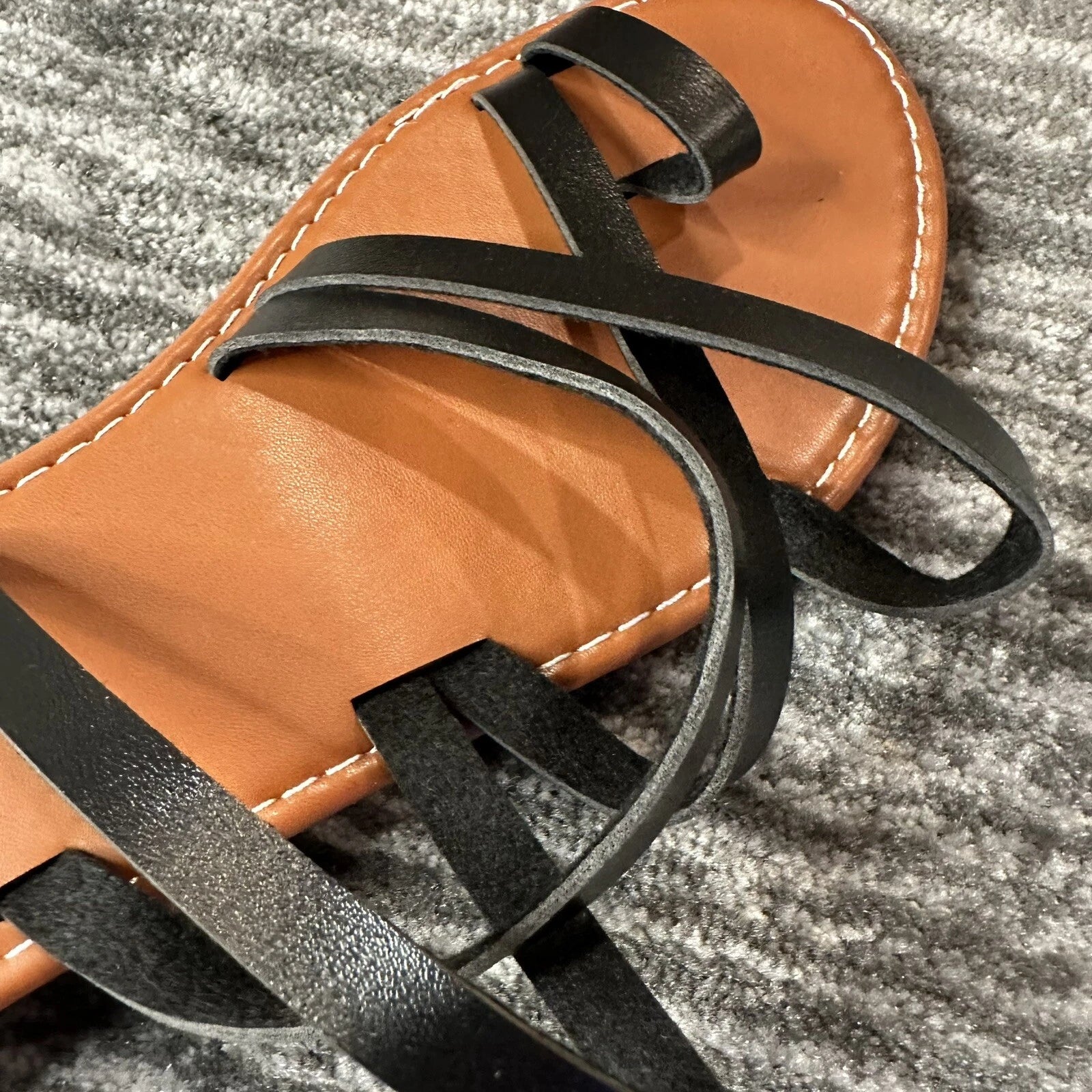 Greek Style Sandals Slides Sz 8 Flats Handmade Faux Leather Black Boho New