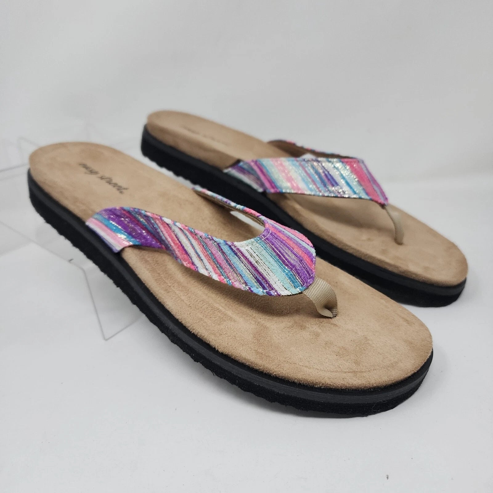 Easy Street Sandals Womens 8 Purple Stripe Slides Comfort Fashion Shoes
