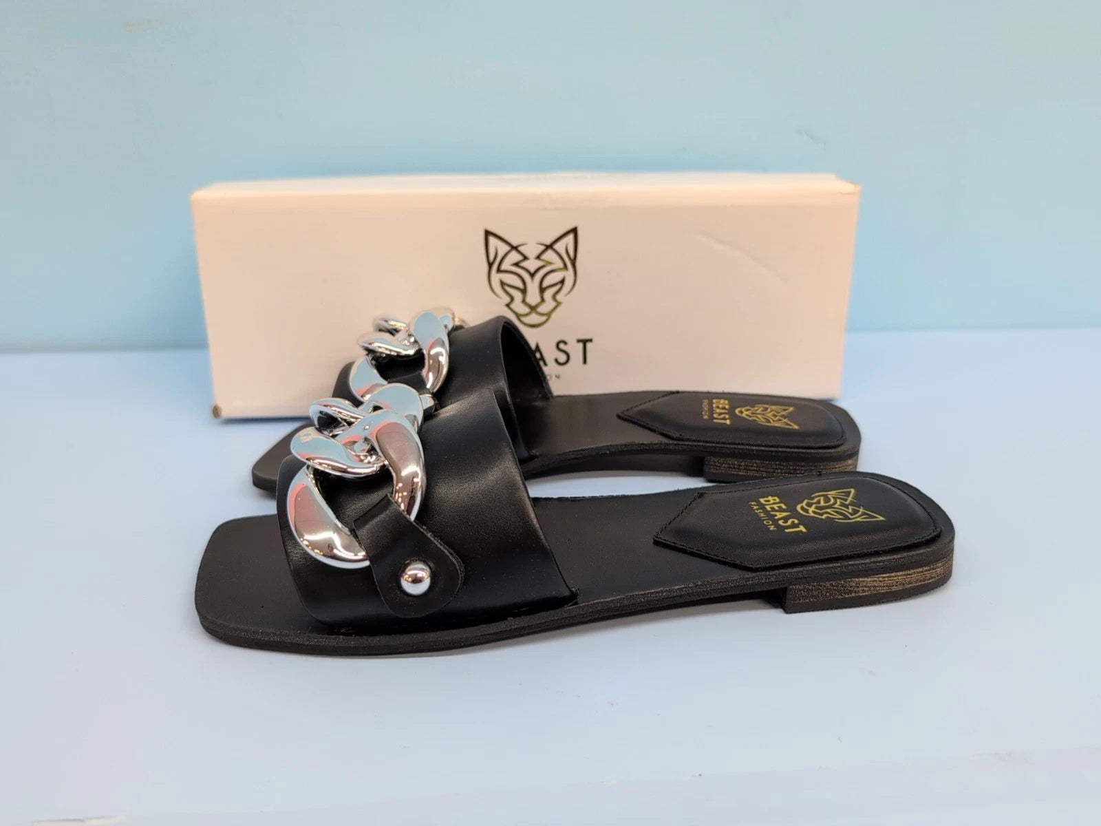 Beast Fashion LANA-01 Nude Chain Women's Flat Slide Sandals Size US 6.5 Black