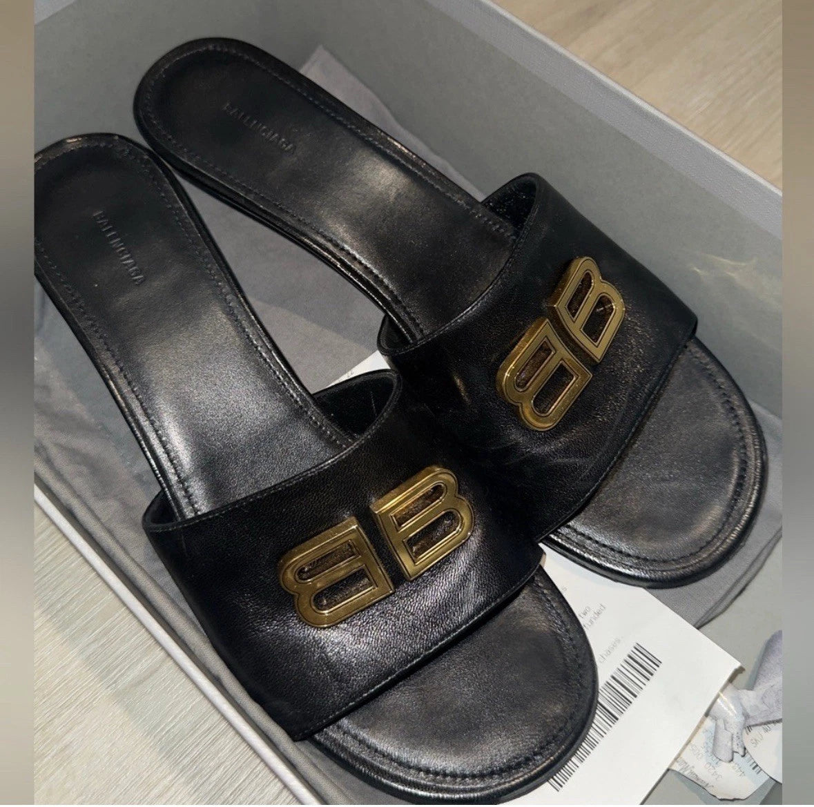 BALENCIAGA Groupie BB Logo Slide Sandal - Black/ Gold Sz 8 $875