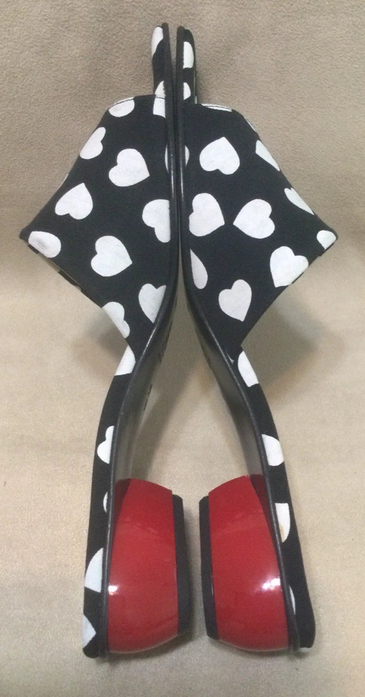 Vintage Ramon Tenza Black & White Heart Slide Sandals Size 9 1/2B