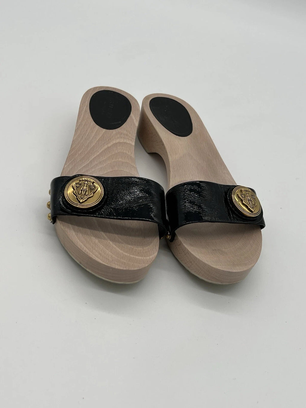 Gucci Hysteria Women Sz 8B Black Patent Leather Slide Wood Soles Fashion Sandals
