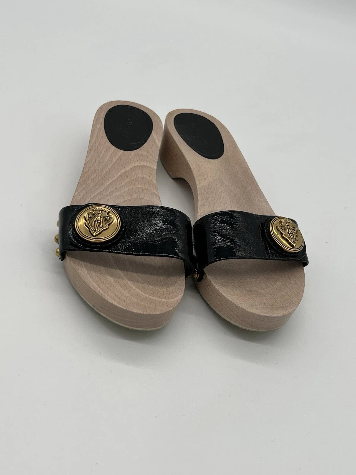 Gucci Hysteria Women Sz 8B Black Patent Leather Slide Wood Soles Fashion Sandals