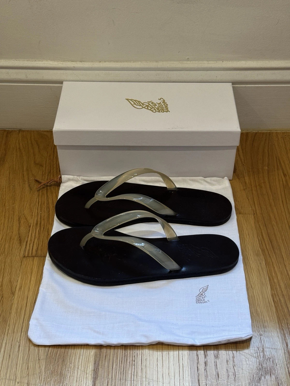 Ancient Greek Sandals Saionara Jelly/Leather Flip-Flops, Clear Straps, EU 41