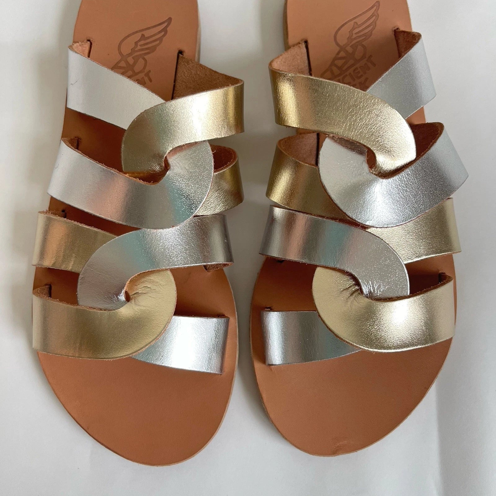 Ancient Greek Sandals Desmos Gold Silver Metallic Leather Slides 36 / US 5