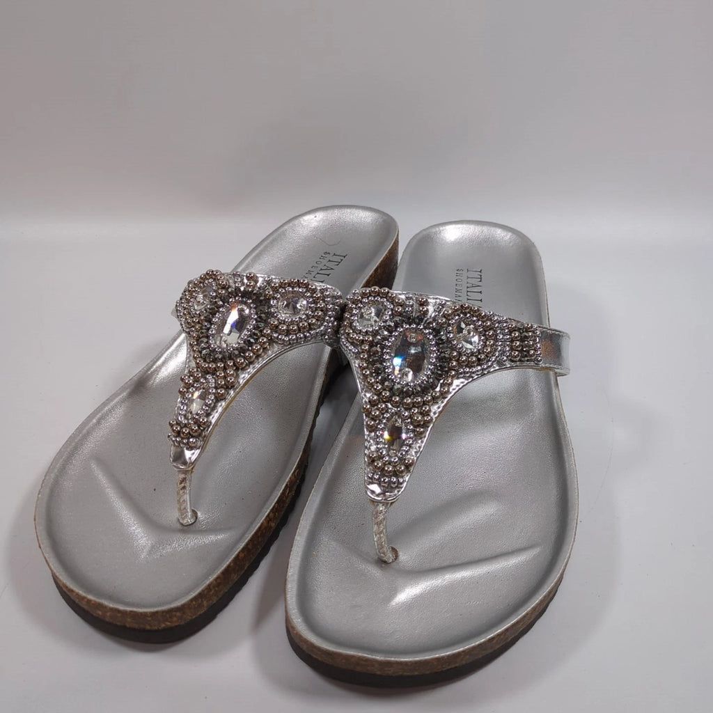 Italian Shoemakers Silver Sandals Slide Flip Flop with Rhinestones Sz 6 Bling