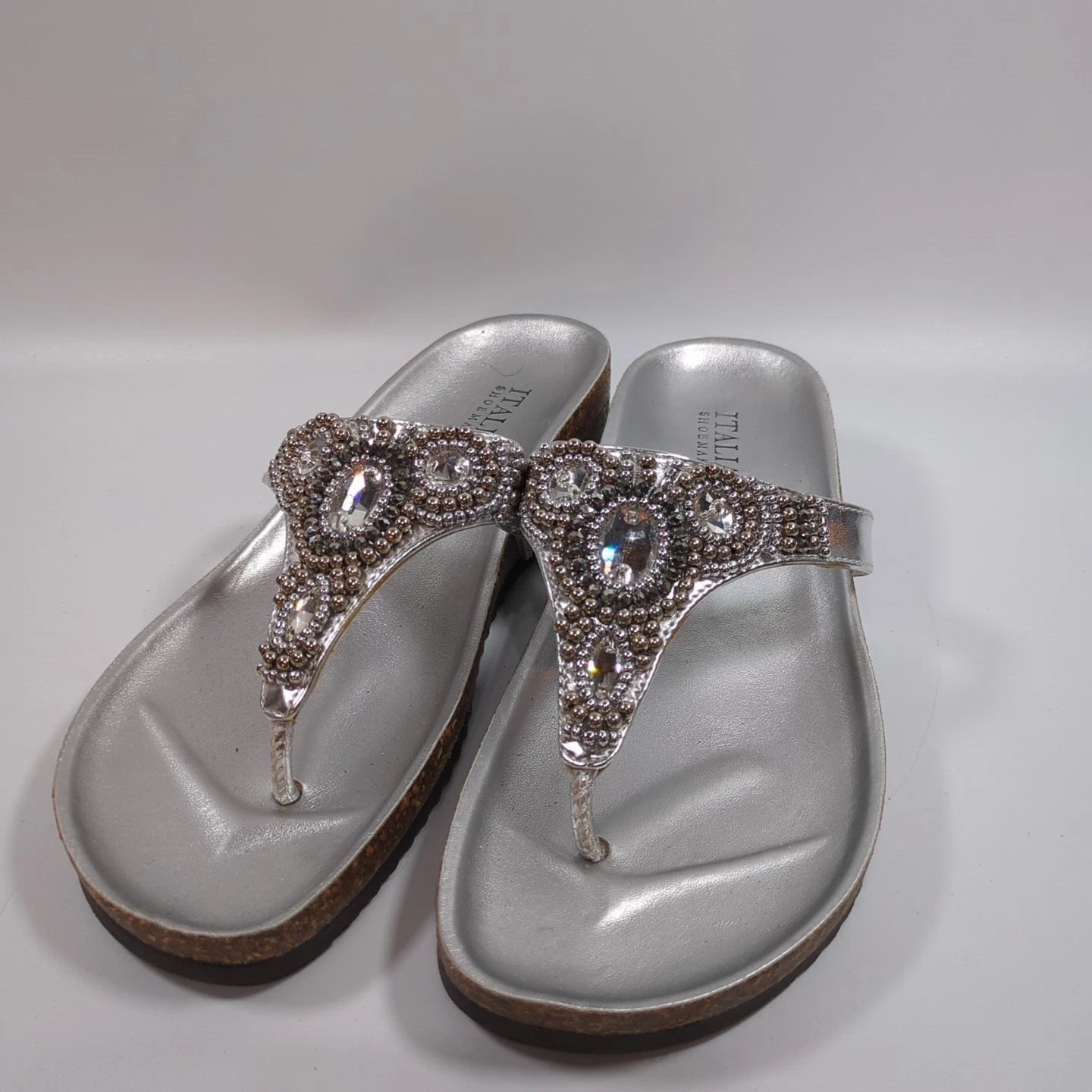 Italian Shoemakers Silver Sandals Slide Flip Flop with Rhinestones Sz 6 Bling