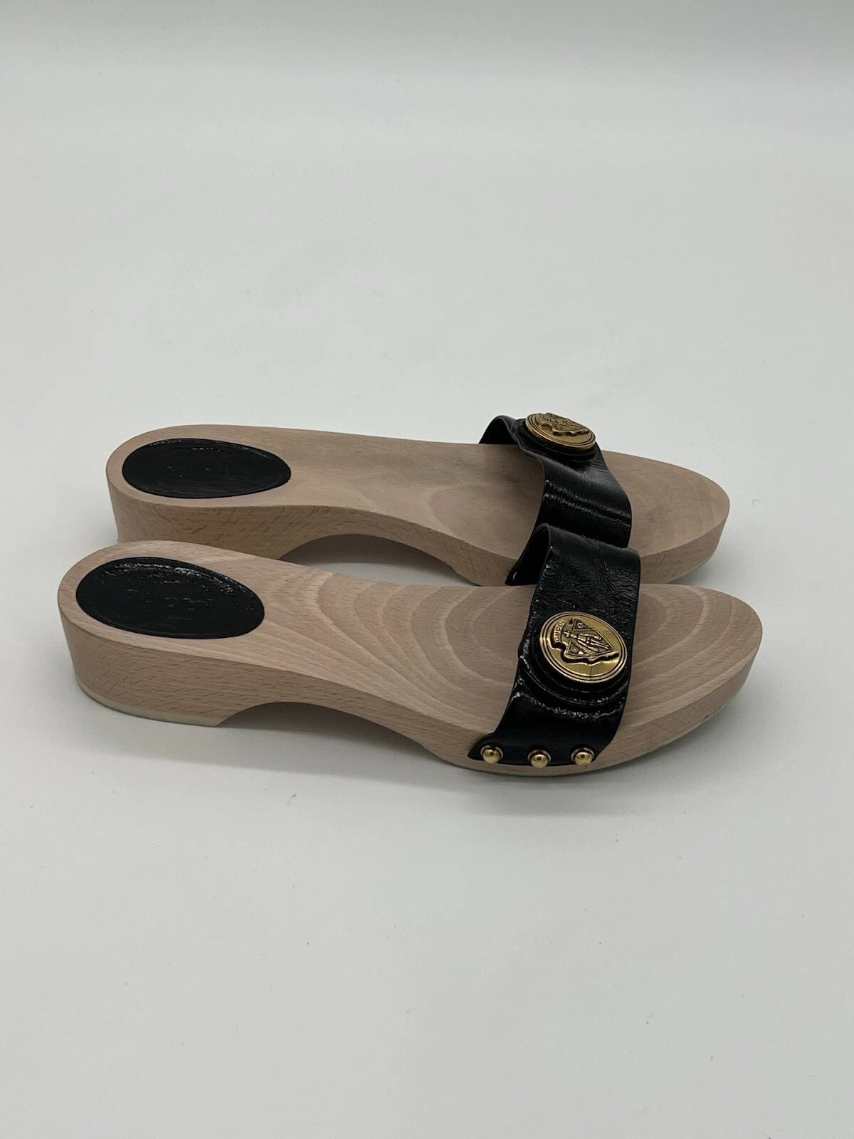 Gucci Hysteria Women Sz 8B Black Patent Leather Slide Wood Soles Fashion Sandals