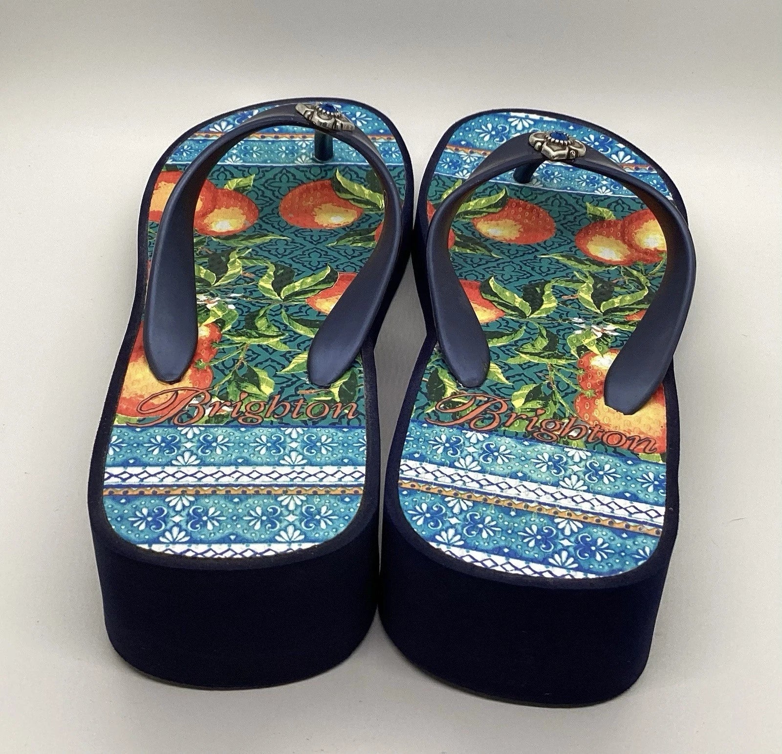 Brighton Orange Blossom Navy Wedge Flip Flops Sz 6 Silver Gem Mediterranean
