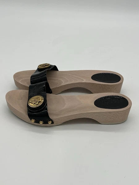 Gucci Hysteria Women Sz 8B Black Patent Leather Slide Wood Soles Fashion Sandals